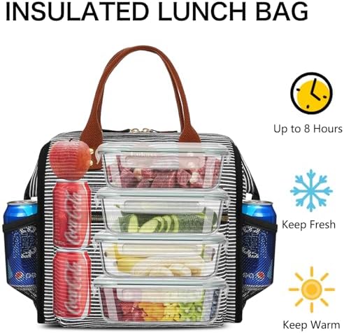 LOKASS Lunch Bag Insulated Lunch Box Wide-Open Lunch Tote Bag with Removable Shoulder Strap for Women/Men Adults Work Picnic Beach Travel(Stripes)