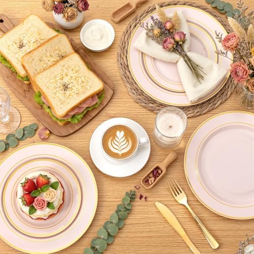 WDF Partyware 175PCS Pink plastic Plates - Pink Disposable Plates 25Guests Disposable Dinnerware Sets with Rolled Napkins for Wedding/Birthday/Baby Shower