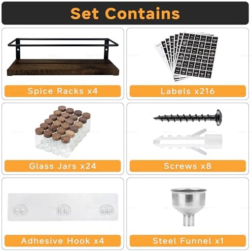 4-Tier Wall Mount Spice Rack Organizer with 24 Glass Jars, 216 Labels & Funnel - Screw/Adhesive Mount, Black Metal & Wood Spice Storage for Kitchen Pantry Cabinet, 11.6”L x 2.4”W x 3.2”H