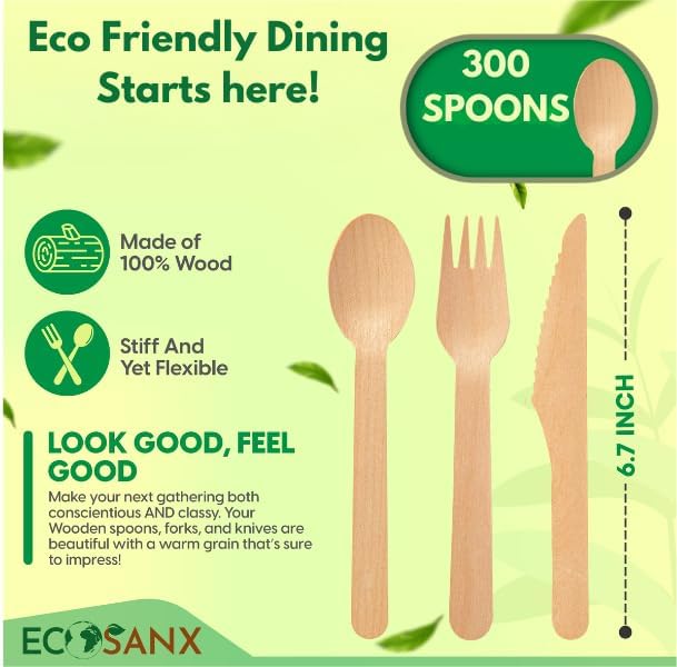 ECOSANX® 300 PCs Wooden spoons for eating, 6.5" Splinter Free small disposable spoons, Eco-Friendly, 100% All-Natural Compostable spoons for Outdoor, Bamboo spoon Disposable for Camping Events & More