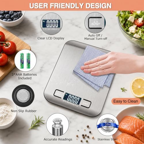 Digital Food Kitchen Scale, Stainless Steel, LCD Display, Precision Grams and Ounces for Baking, Cooking, Keto & Meal Prep, 11lb/5kg Capacity