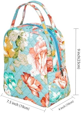Machine Washable Women Quilted Fabric Insulated Reusable Cooler Lunch Bag Tote Adult Thermal Lunch Box Storage Bag for Ｗork (Floral)