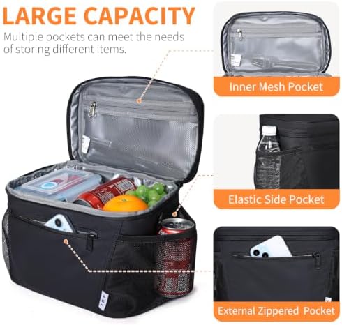 NOL Insulated Lunch Bag for Women Men Adults, Reusable Lunch Tote with Adjustable Shoulder Strap, Leakproof Thermal Food Cooler Bag with Front Pocket and Side Mesh Pockets for Work Travel, Black