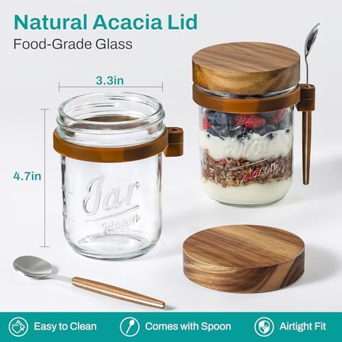 LANDNEOO 4 Pack Overnight Oats Containers with Wooden Lids and Spoons, 16oz Glass Mason Overnight Oats Jars with Lids, Large Capacity Airtight Jars for Milk, Cereal, Fruit