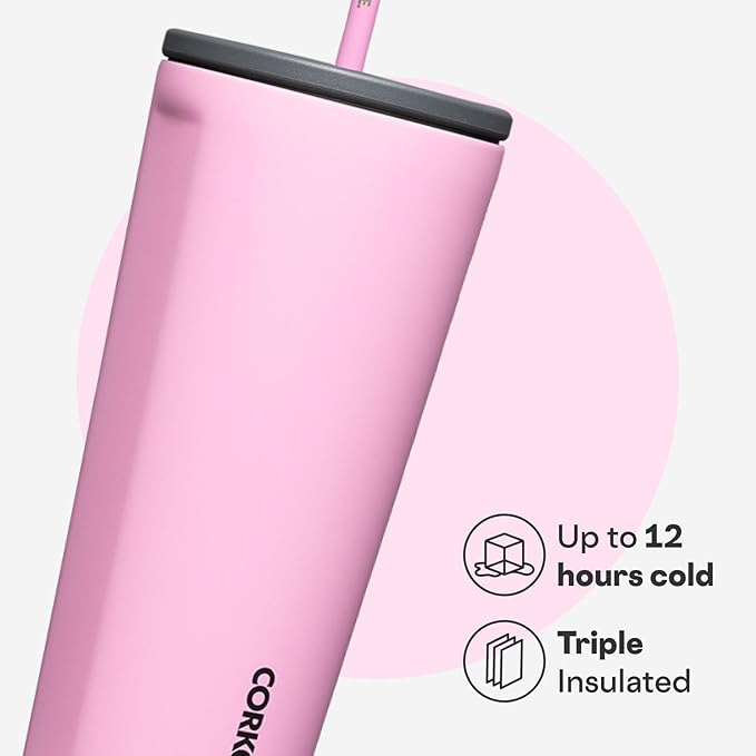 Corkcicle Cold Cup Insulated Tumbler with Straw - Keeps Drinks Cold for 12 Hours - Triple-Insulated Stainless Steel - Leak-Resistant Lid - Summer Drinkware Gift - 24 oz - Sun-Soaked Pink
