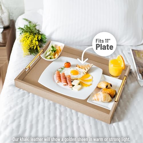 ATZYmolin 17"x12" Leather Serving Tray, Gold Handle Vanity Platter, Khaki