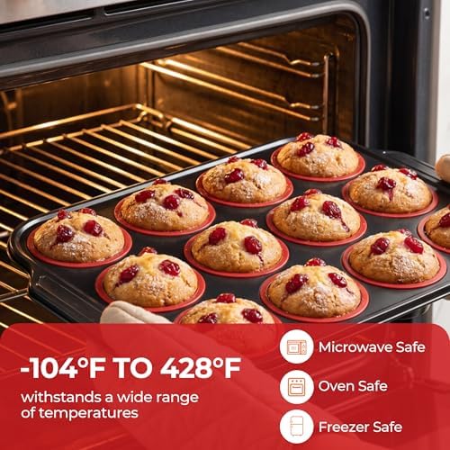 12-Cup Collapsible Silicone Muffin Pan with Metal Frame & Spatula - Space Saving Foldable Cupcake Tray - Easy Release Baking Mold for Egg Bites, Muffins & Tart - Dishwasher Safe Red