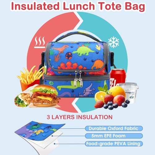 FlowFly Kids Double Decker Cooler Insulated Lunch Bag Large Tote for Boys, Girls, Men, Women, With Adjustable Strap, Dinosaur