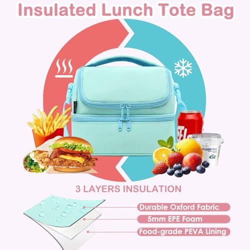 FlowFly Double Decker Cooler Insulated Lunch Bag Large Tote for Boys, Girls, Men, Women, With Adjustable Strap,Light Blue