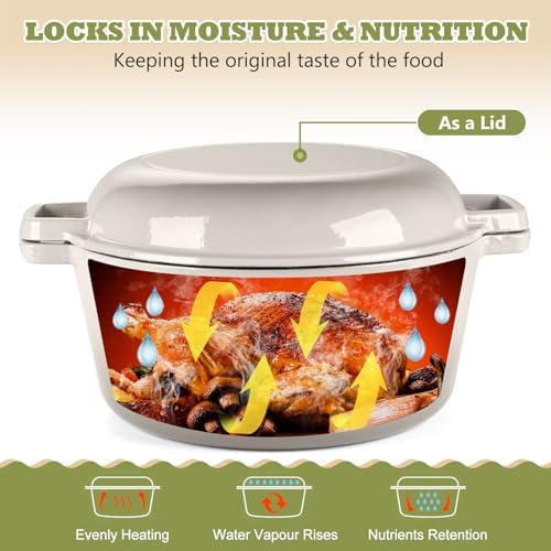 P&P CHEF 2 In 1 Khaki Dutch Oven Pot with Lid for Bread Baking, 5Qt