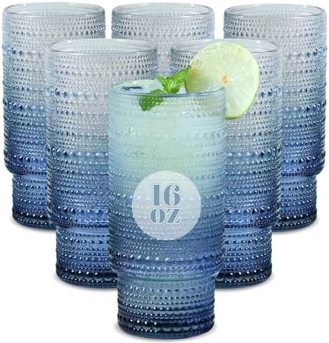 Large Capacity 16 oz Hobnail Drinking Glasses Set of 6, Vintage Glassware Drinking Glasses, Gradual Gray-blue Water Glasses Tumbler, Cups for Kitchen, Juice, Beer, Cocktail, Whiskey