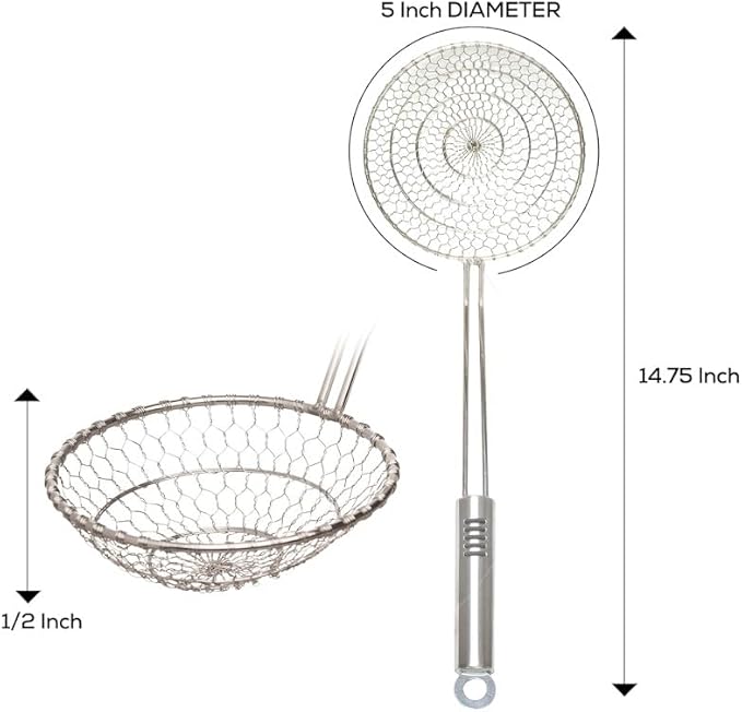 Helen's Asian Kitchen Spider Strainer, 5-Inch, All Stainless Steel Mesh Basket And Handle, For Noodles, Dumplings, Wontons, Deep Frying, And Draining Tasks