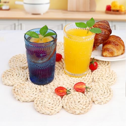Loivttvv 6pcs Vintage Drinking Glasses Set, 12 oz Blue Highball Glasses, Embossed Ribbed Glassware Cups for Cocktail, Water, Juice, Coffee, Whiskey