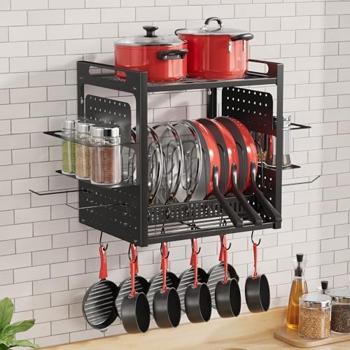 Wall Mounted 16" Pot Rack，2 Tier Kitchen Pots & Pan Organizer with 10 Hooks