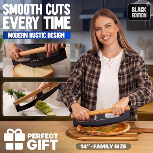 KitchenStar 14-Inch Pizza Cutter Rocker Blade - Razor Sharp Stainless Steel Slicer Knife, Stylish Beech Wood Handle, Protective Cover - Professional Pizza Oven Accessories, Black