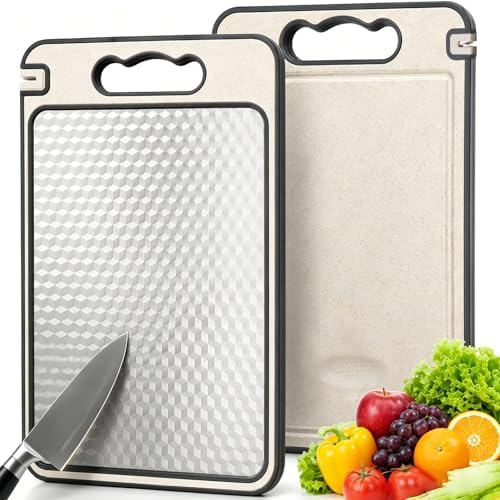 Non-Toxic Cutting Board – Double-Sided, Diamond-Pattern Stainless Steel & Wheat Straw – Scratch Resistant,Non-Slip, BPA-Free & Dishwasher Safe – 15×10 Inch
