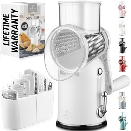 Rotary Cheese Grater Manual Hand Crank 5 Blade Shredder, Classic White