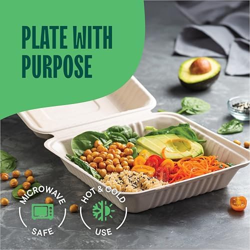 100% Compostable Clamshell Take Out Containers - 9x9 [50-Pack] Heavy Duty