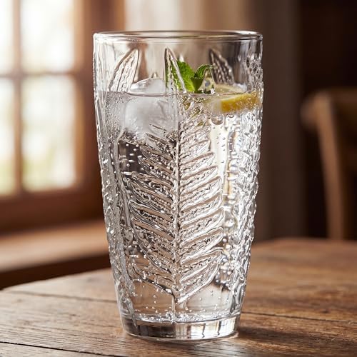 Clear Drinking Glasses Set of 4, 16 oz Glass Cups, Vintage Fern Glassware