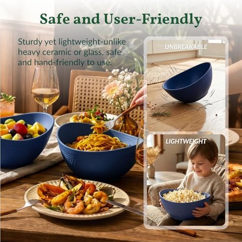 Homienly Wheat Straw Bowls, 9.6 inch Salad Bowls, Large Serving Dishes for Wedding Parties, Camping, 60 OZ Bowl Set for Salad, Popcorn, Oval Shape, Microwave & Dishwasher Safe, Set of 4, Dark Blue
