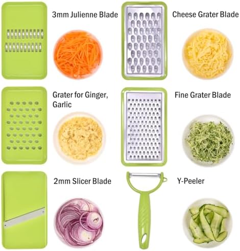 NACOLUS Cheese Grater with Container,5 In 1 Mandoline Slicer for Kitchen,Multi Purpose Vegetable Slicer, Easy to Clean Vegetable Chopper,Cheese Shredder,Julienne Slicer and Peeler