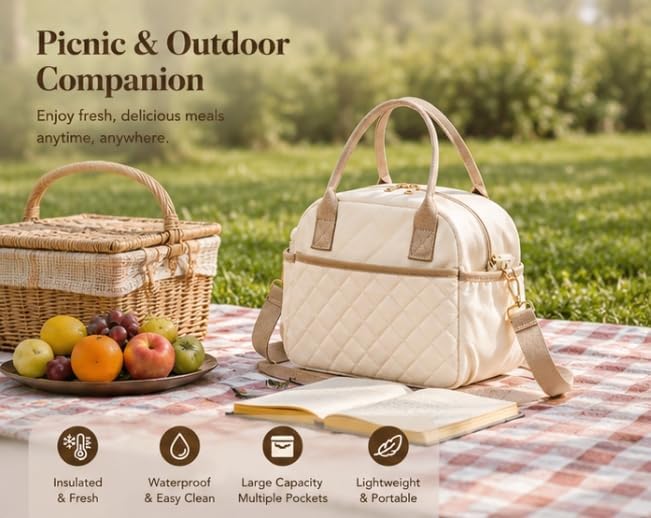BTOOP Lunch Box for Women, Quilted Insulated Lunch Bag with Shoulder Strap