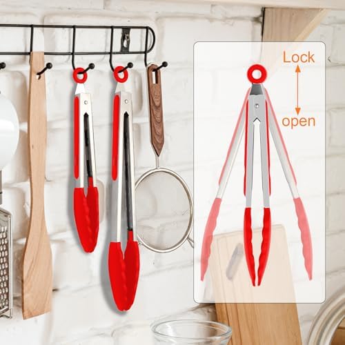 Premium Stainless Steel Heat Resistant Kitchen Tongs for cooking,set of 9" and 12" (Red),Non Scratch Silicone cooking Tong Tip for Cooking Pans,Strong Grip BBQ tongs for Grabbing Hot Food