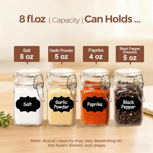 ComSaf Square Glass Spice Jars 8 oz 6 Pack with Labels and Funnel Set
