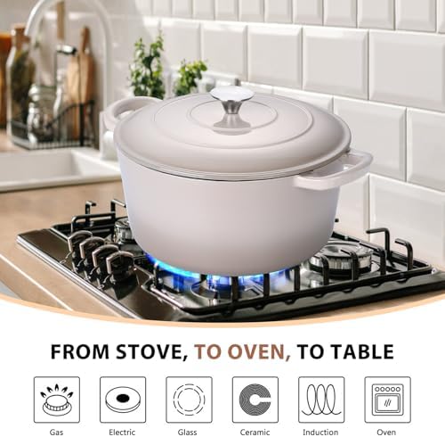 E-far 6 Quart Enameled Cast Iron Dutch Oven, Round Dutch Oven Pot with Lid, Nonstick Cookware for Braising/Stews/Roasting/Bread Baking/Cooking, Heavy Duty, Induction & Oven Safe - Khaki