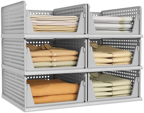 Pinkpum 6 Pack Closet Organizer Storage Bins Stackable Plastic Drawer Shelf