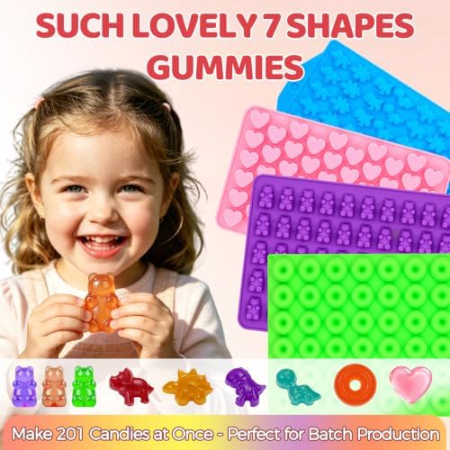 Gummy Bear Molds Silicone Mini Size, Non-stick Chocolate Candy Gummy Mold with 2 Droppers Including Dinosaur, Bear, Hearts and Donut Shape 201 Cavities