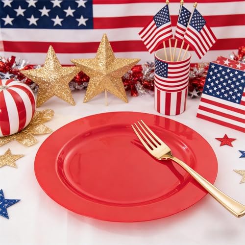 FLOWERCAT 60PCS Red Plastic Plates - Heavy Duty Red Plates Disposable for Party - Include 30PCS 10.25inch and 30PCS 7.5inch for 30 guests Birthday Party & Events &4th of July