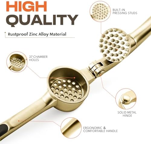Kitchen Garlic Press, Rust Proof & Dishwasher Safe Garlic Mincer, Durable Garlic Crusher Set with Peeler＆Brush, Easy to Clean and Squeeze, Gold