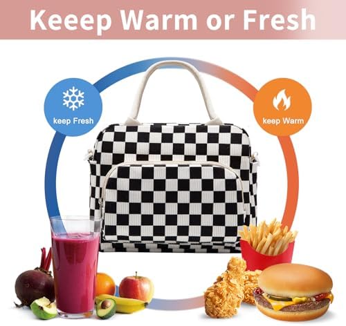 GASSDA Lunch Box for Women Insulated Lunch Bag Women Adult Cute Lunch Bags Reusable Lunchbox Cooler Tote Bag for Work Picnic (Black-White Plaid)