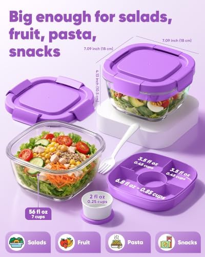 Canfanni Glass Salad Container, 56oz Bowl with Airtight Lids, Tray, Fork