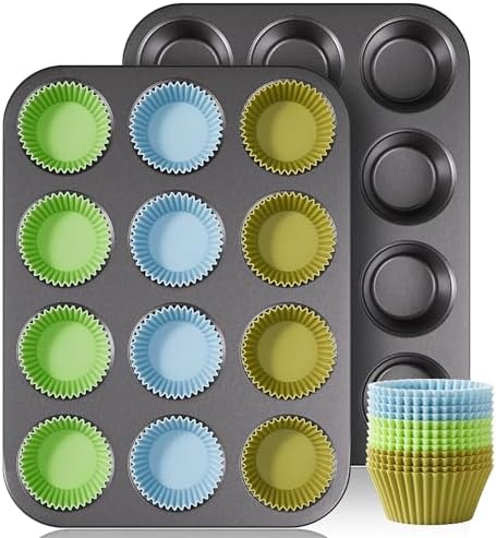 HONGBAKE Non-Stick Muffin Pans, Cupcake Pan with Silicone Baking Cups, 2 Pack Non toxic Healthy Muffin tin, Heavy duty-Dark Grey