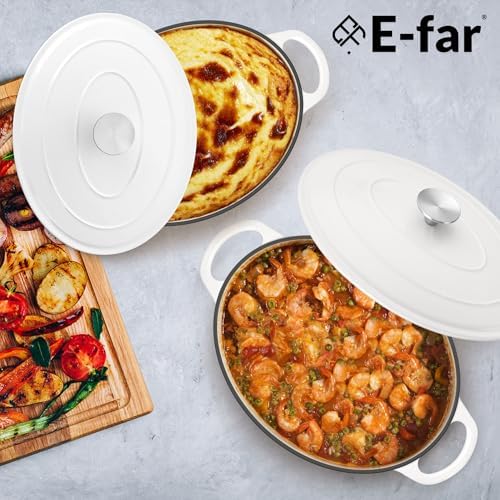 E-far 7QT Oval Dutch Oven Pot with Lid, White Enameled Cast Iron Dutch Oven