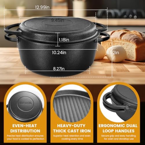 5QT Cast Iron Dutch Oven with Skillet Lid, 2-in-1 Cookware Set