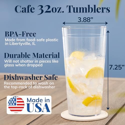 US Acrylic Cafe Plastic Reusable Tumblers, Clear, 32-Ounce, Set of 12