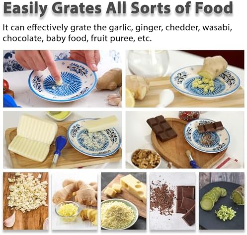 Ceramic Garlic Grater Plate - Handmade 4 Pcs Press - Natural Grinder - Decorative Mincer - Ginger, Cheese Grater - Hand Dish for Garlic (Blue)