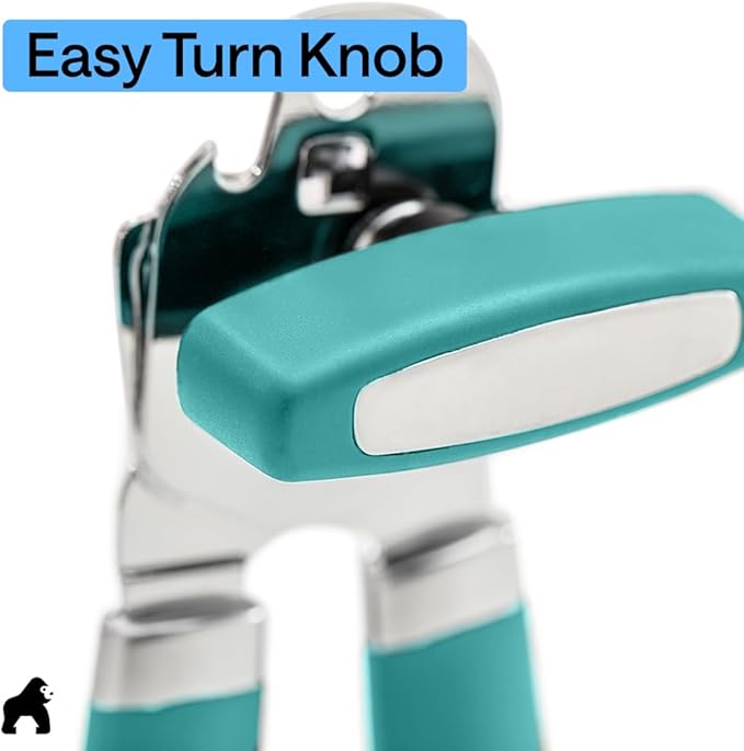 GORILLA GRIP Heavy Duty Stainless Steel Smooth Edge Manual Can Opener and Bottle Openers, Soft Comfortable Handle, Oversized Handheld Turn Knob, US Designed Multifunctional Kitchen Tool, Turquoise