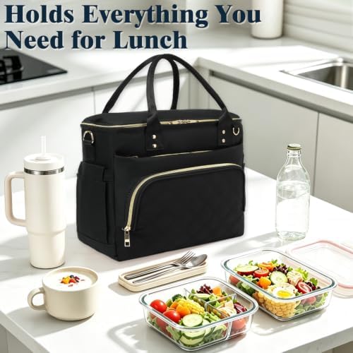 GYEUKHAM Insulated Lunch Bag for Women Men,Extra Large Lunch Box, Leakproof Reusable Cooler Tote for Adult, Everyday Soft Lunch Tote Bag for Work College Picnic Travel,Black