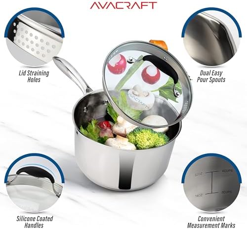 AVACRAFT 1.5 Quart Stainless Steel Saucepan with Glass Strainer Lid