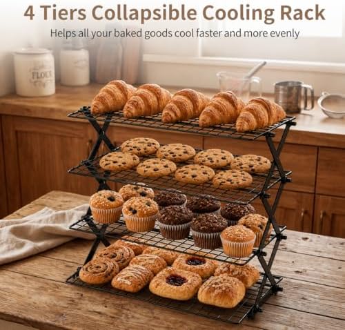 4-Tier Collapsible Cooling Rack, Cooling Rack for Baking, Cookie Rack, Outdoor Camping Food Shelf, Heavy Duty, Ideal for Cake, Bread, Cookies, Barbecue