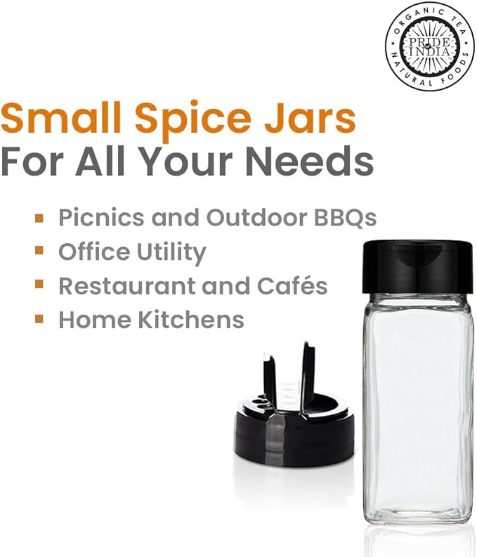 Pride Of India Small Clear Glass Spice Jars w/Dual Sifter Cap | Food Grade BPA Free USA Made | 4 Fluid Ounce Capacity 6-PACK