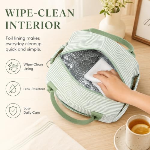 Bluboon Lunch Box for Women Cute Lunch Bag Reusable Insulated Lunch Bags Large Capacity Lunchbox Cooler for Work Picnic or Travel Gifts (A Sage Green White Stripes-13L, 10 x 7.5 x 8 inches)