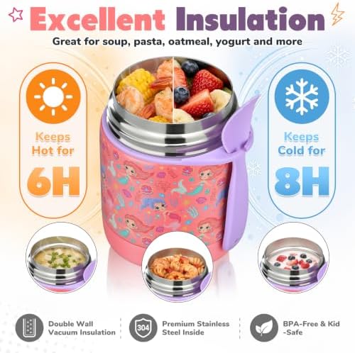 10oz Soup Thermo for Hot Food Kids,Lunch Thermo Kids Food Jar with Spoon Hot Insulated Food Containers,Leak Proof Stainless Steel Wide Mouth Lunch Thermo Jar for School(Pink-Mermaid)