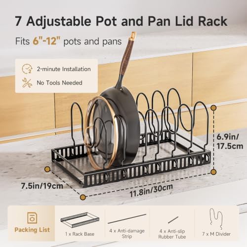 MUDEELA Pot Lid Organizer for Cabinet, Adjustable Baking Pan Rack 7 Slots