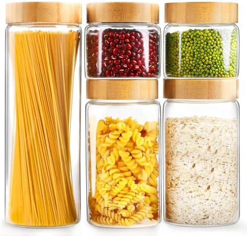 AISIPRIN Airtight Glass Jar with Lid, Glass Storage Containers with Screw On Bamboo Lids, for Cookie, Pasta, Cereal Storage Containers, 5Pcs 80oz 50oz 27oz Canisters Sets for the Kitchen