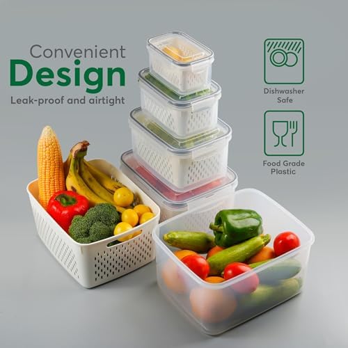 5 Set Fruit Storage Containers for Fridge with Colander, Produce & Veggie